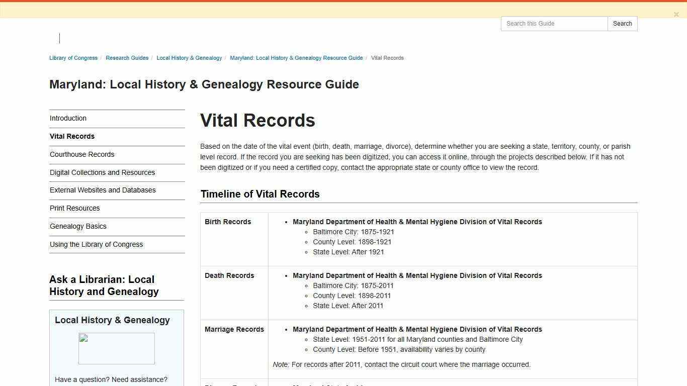 Vital Records - Maryland: Local History & Genealogy Resource Guide - Research Guides at Library of Congress