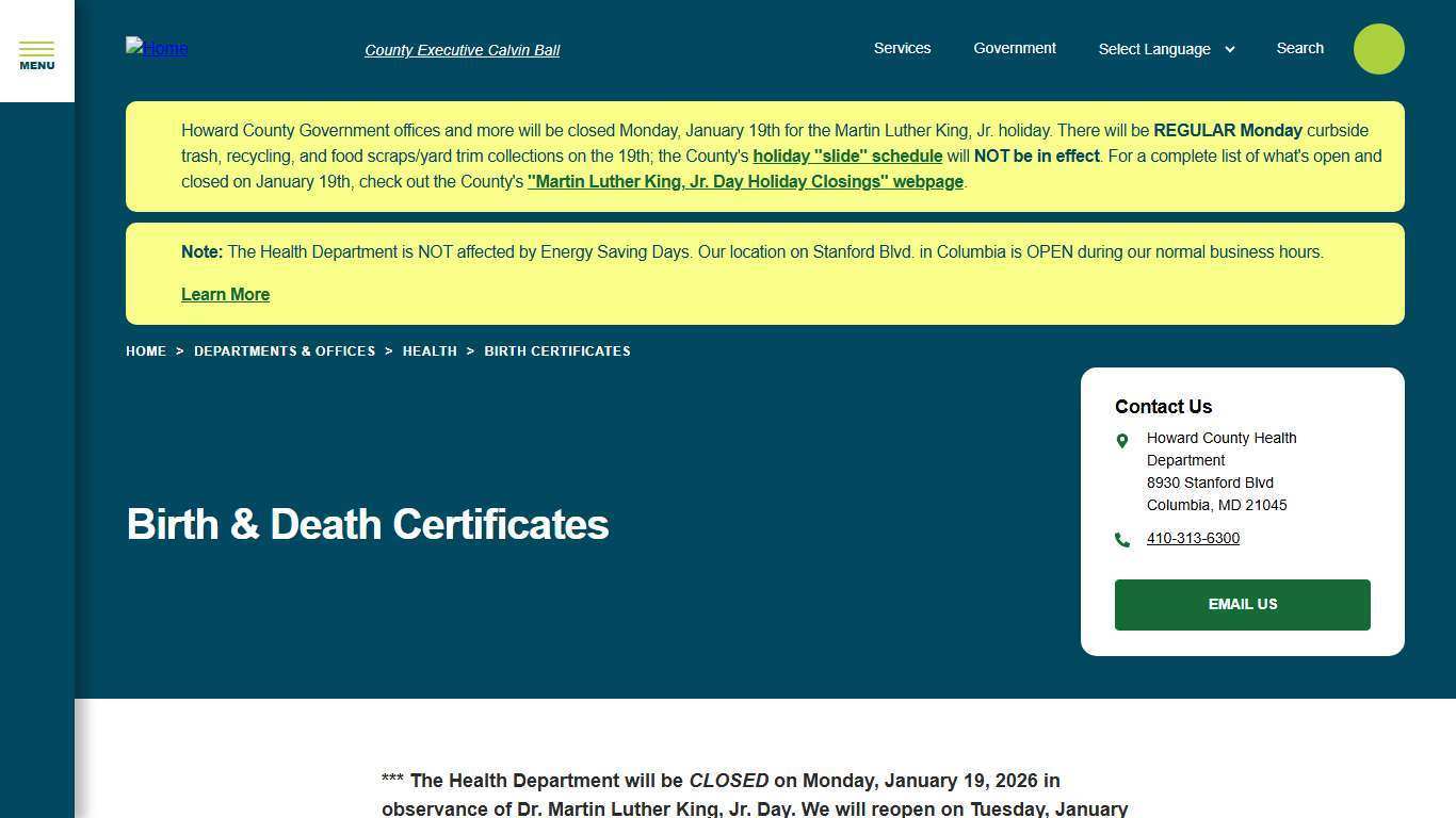 Birth & Death Certificates | Howard County